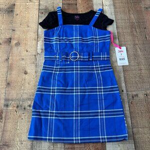 Justice Girls Black Short Sleeve Tee and Tank Dress in Blue Plaid Belted Jumper